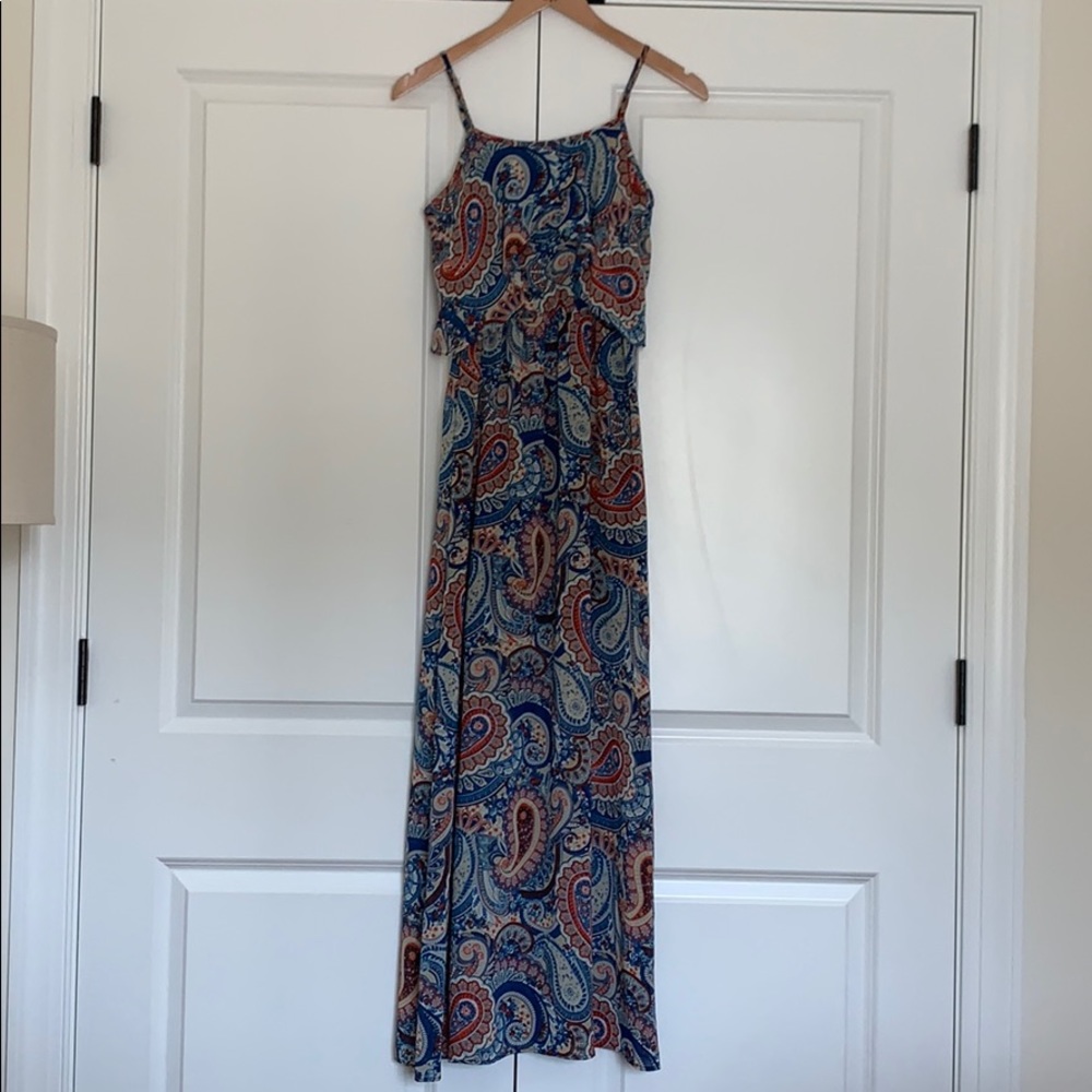 Blue and orange paisley maxi dress